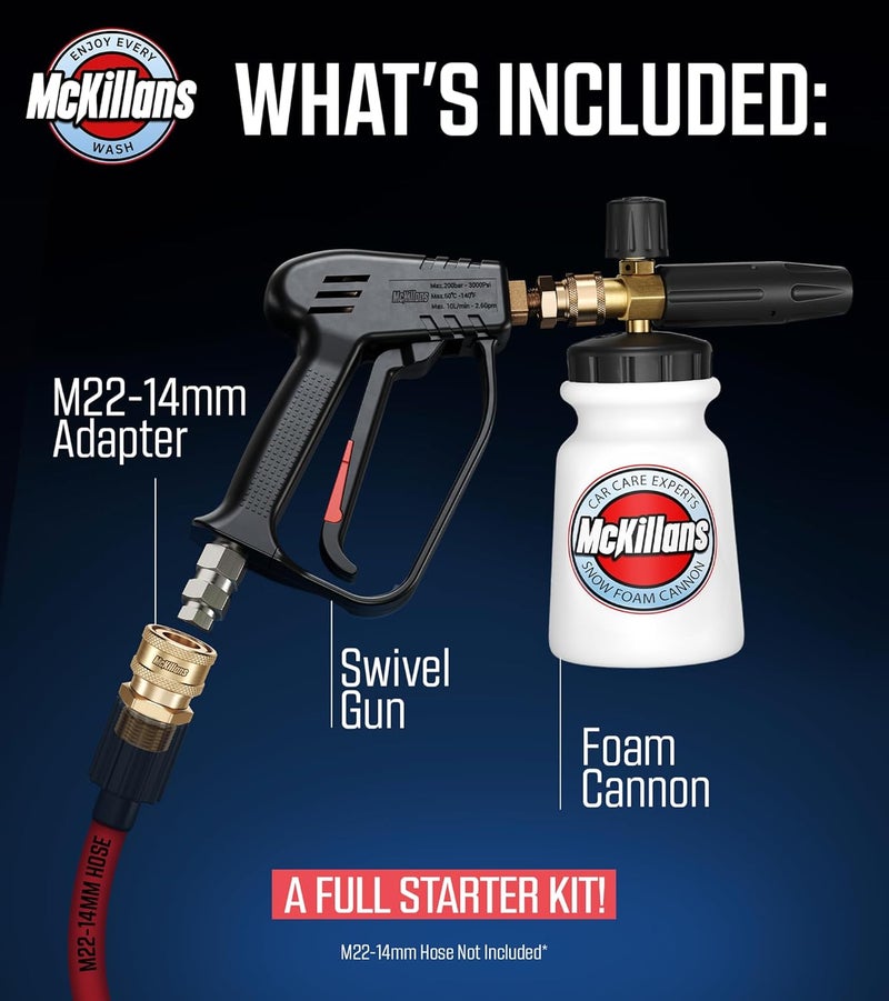 McKillans Pressure Washer Gun with Swivel & Foam Cannon Wide Mouth & M22-14mm Adapter - Adjustable Thick Foam - Power Washer Gun - 3/8" Male Plug & 1/4” Quick Connector Coupler - Image 3